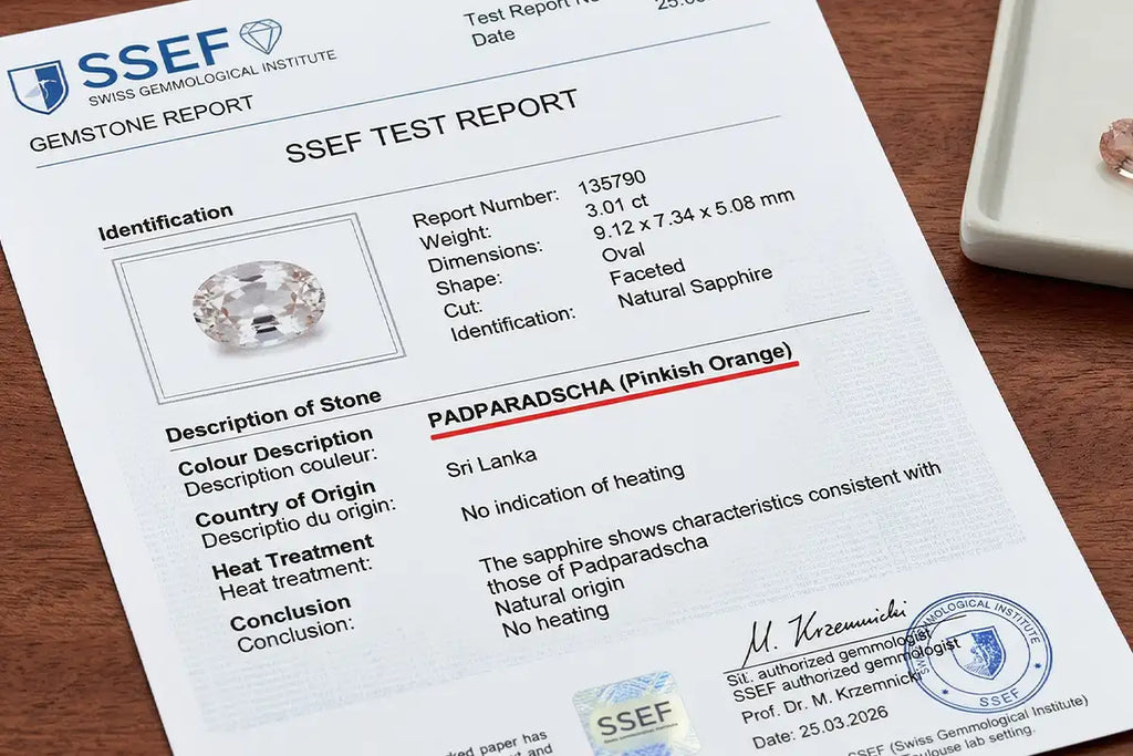 SSEF laboratory certificate confirming the padparadscha colour of a Sri Lankan Sapphire