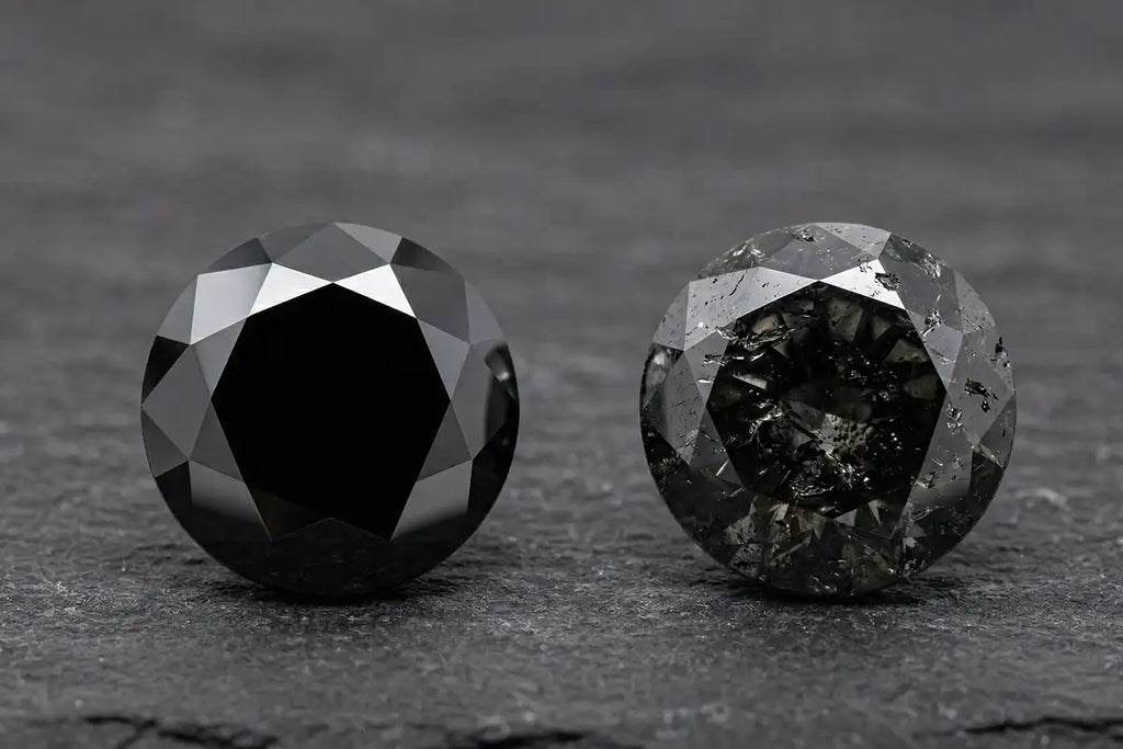 Gemological comparison between a treated black diamond and a natural black diamond with inclusions