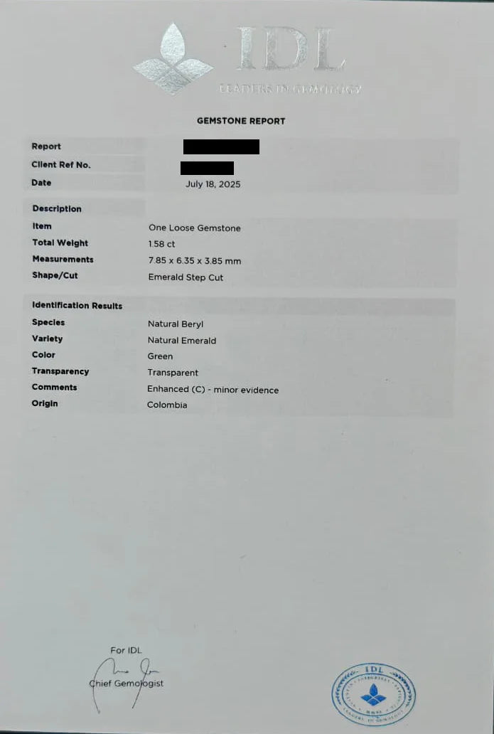 IDL gemological certificate for a natural Colombian Emerald of 1.58 carat certified Natural Beryl