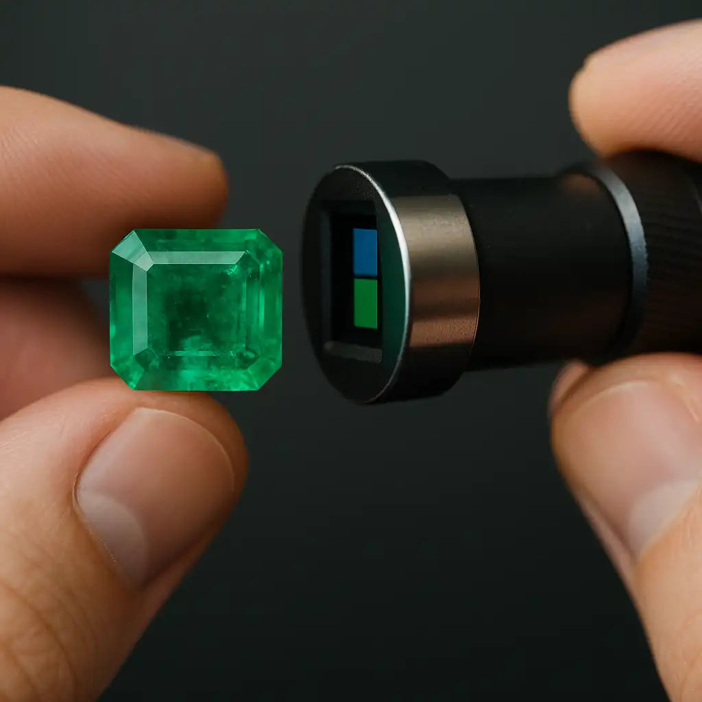 Natural Emerald analysed with a dichroscope revealing two distinct shades of green