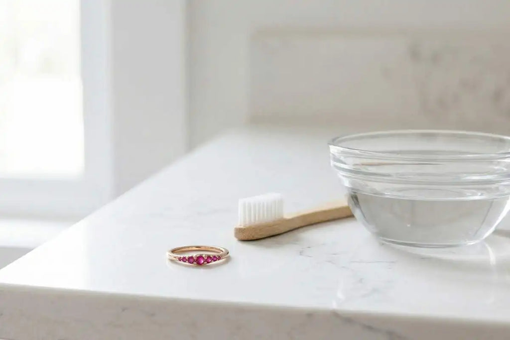 Caring for a ruby ring at home, with a soft brush and warm soapy water