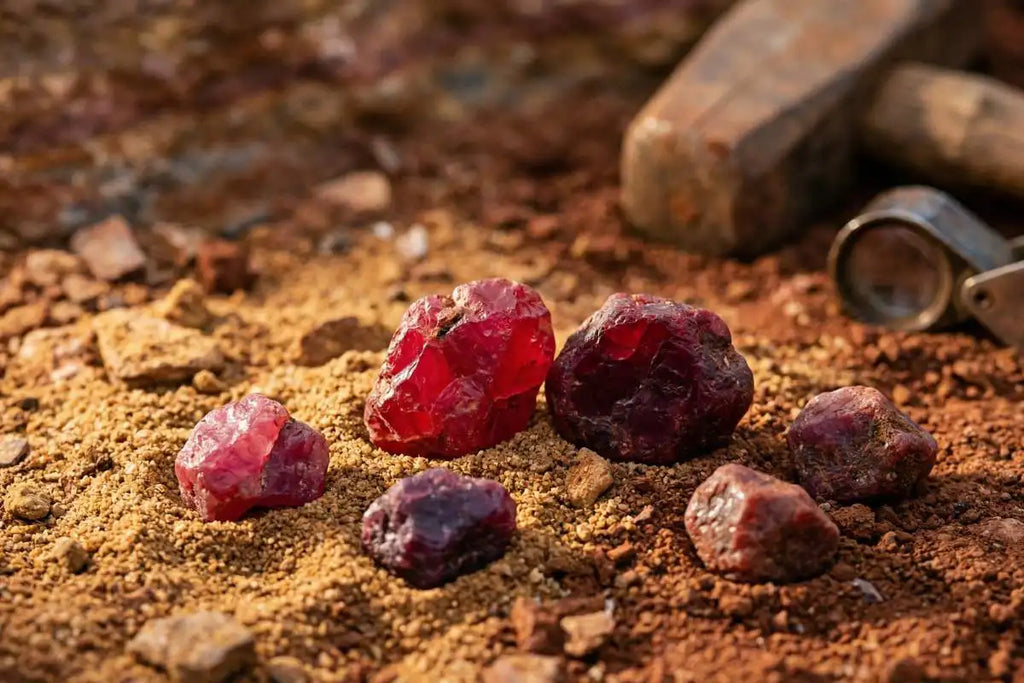 Rough rubies of various origins and shades of red