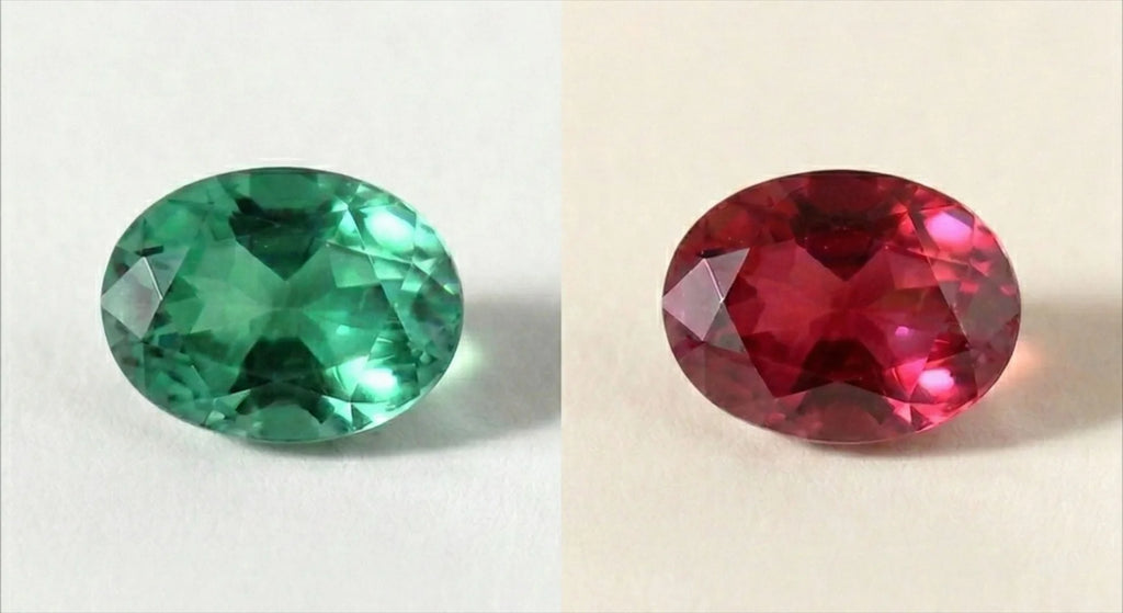 Natural alexandrite displaying its colour-change effect: green in daylight, red in artificial light