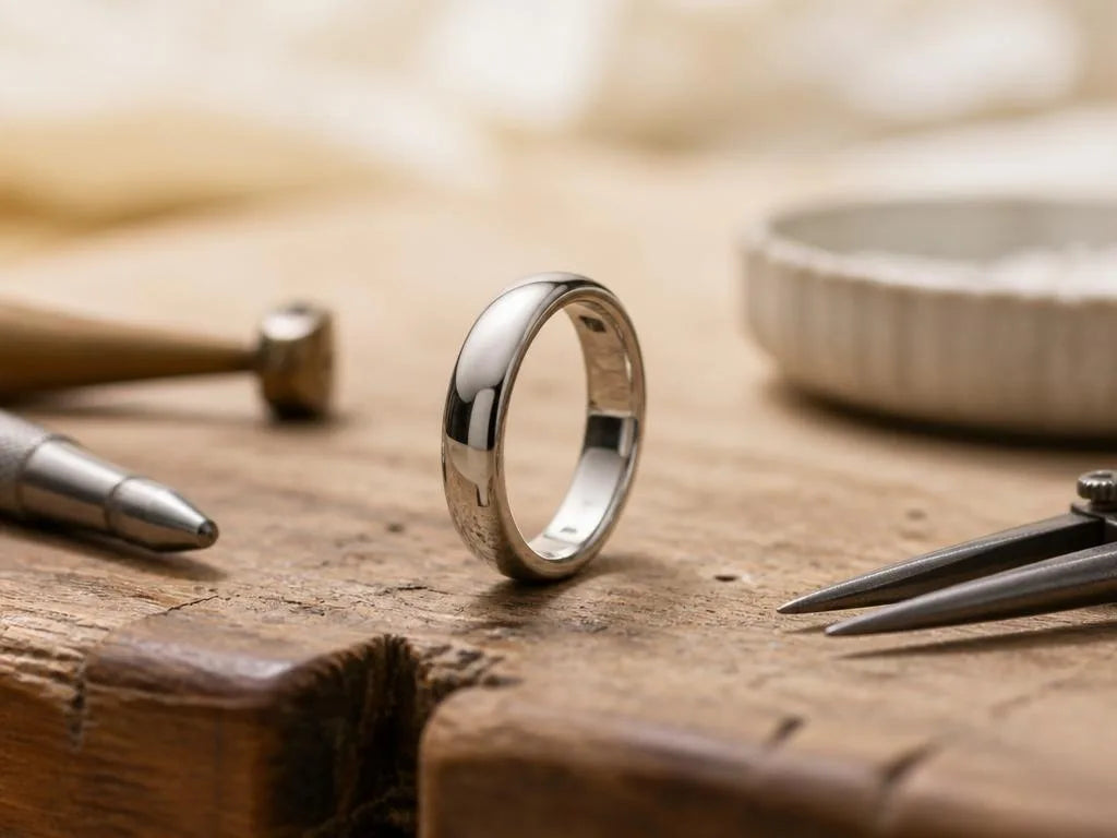 Platinum ring on the jeweller's workbench, bespoke creation by Mayuri