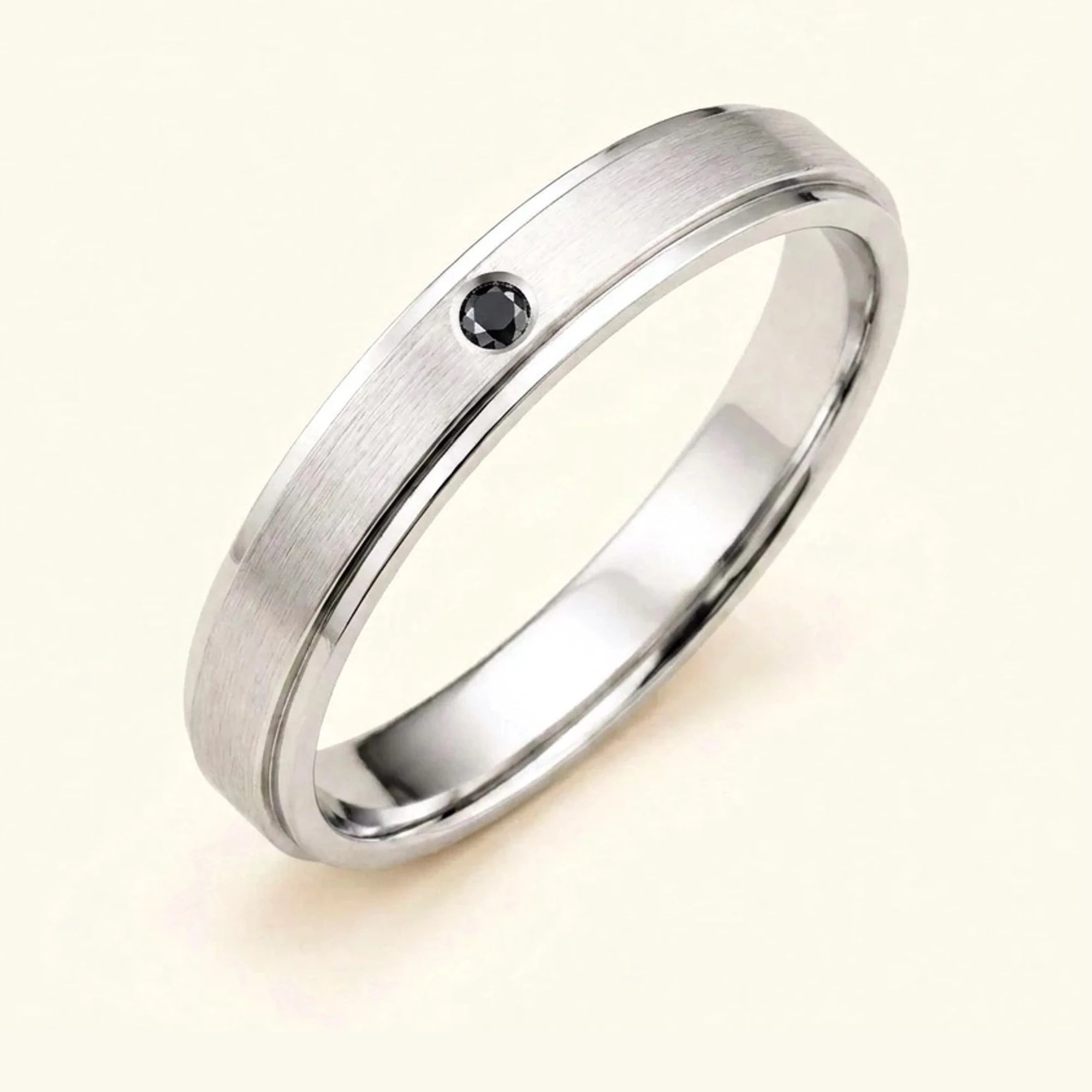 Dhruva black diamond wedding band in 18k white gold for men, brushed band bezel setting