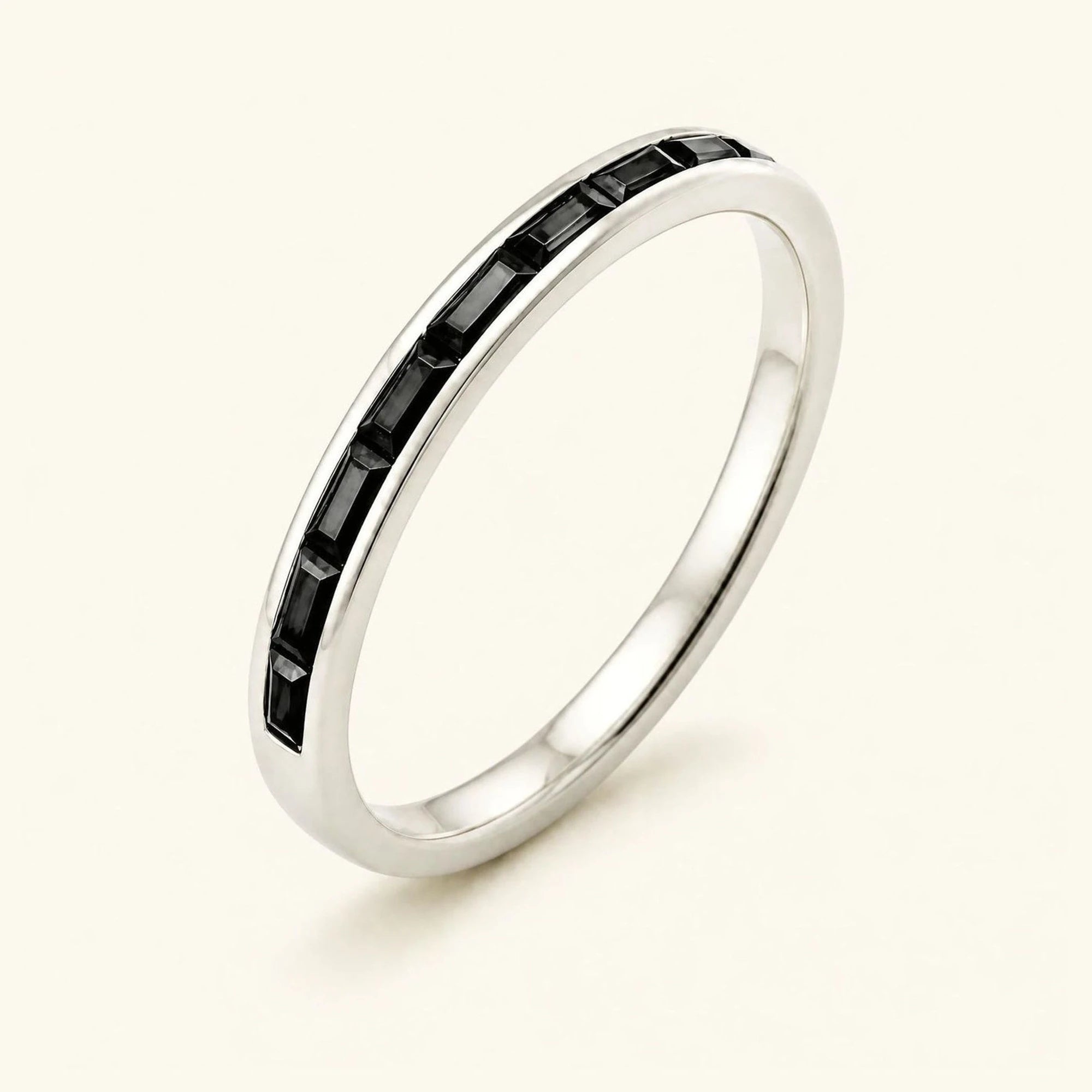 Semi-eternity baguette black diamond wedding ring men's white gold