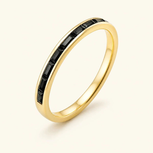 Semi-eternity baguette black diamond wedding ring men's yellow gold