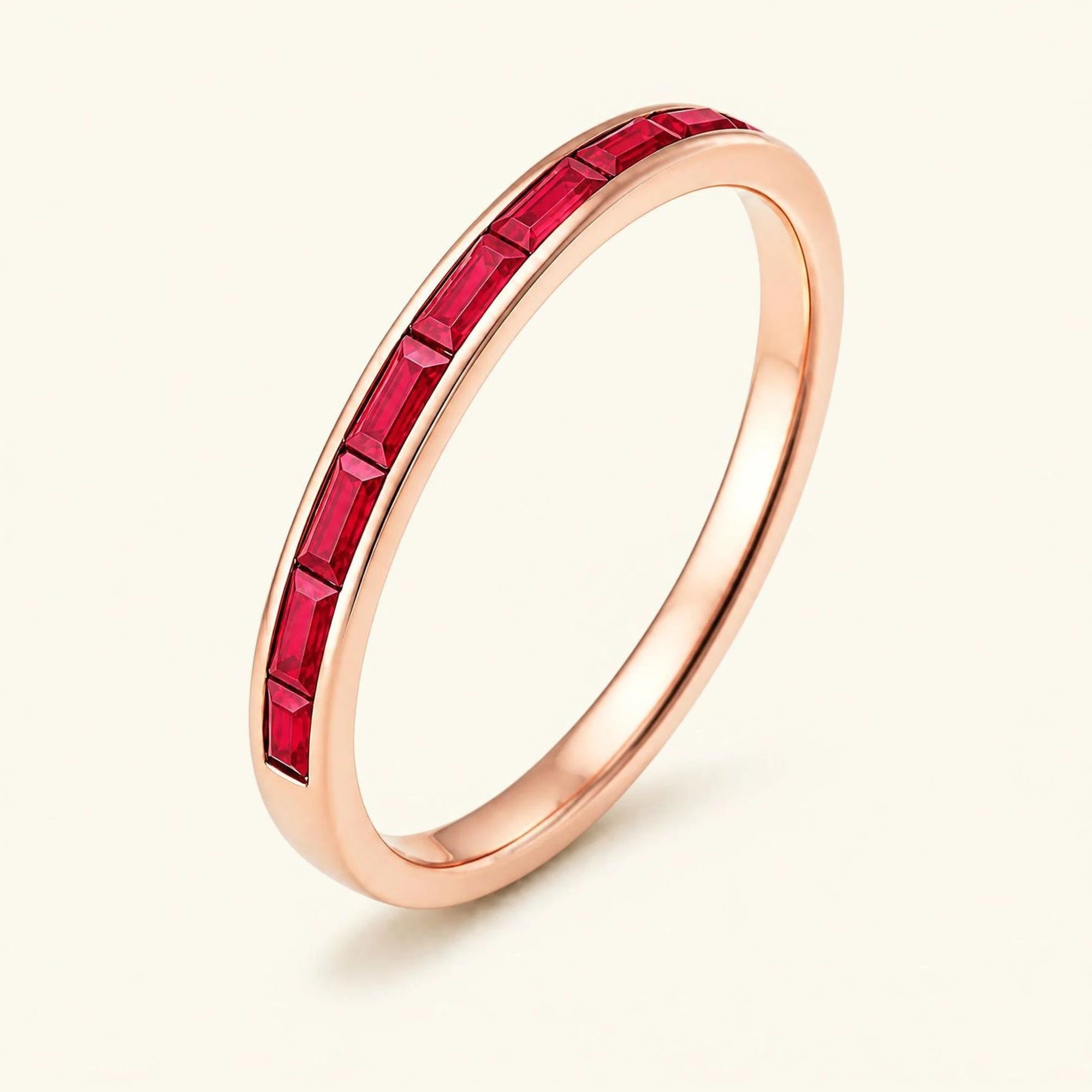 Alliance semi-éternité baguette de rubis pour homme en or rose