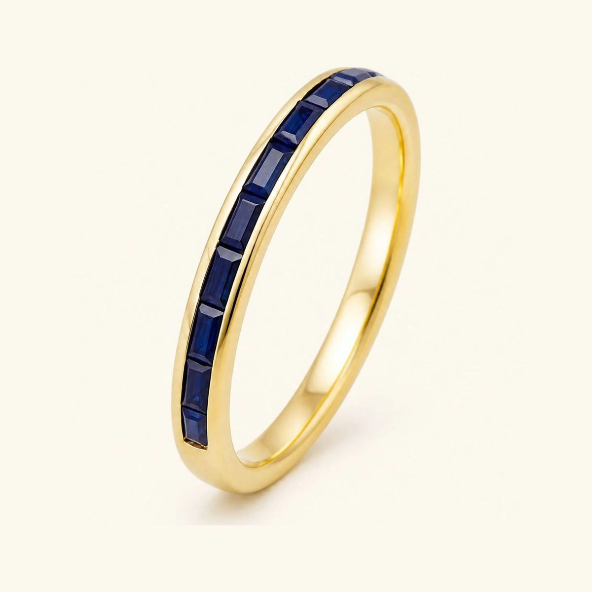 Semi-eternity baguette cut sapphire wedding ring for men in yellow gold