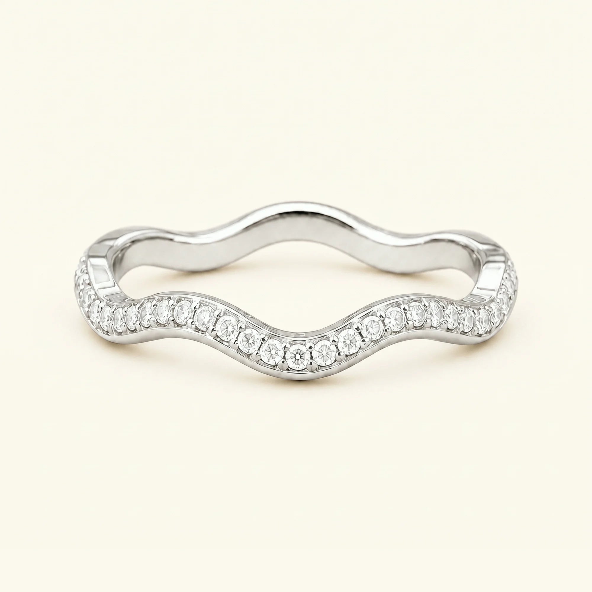 Thalassa wave wedding ring with diamonds in 18K white gold, half-eternity pavé set