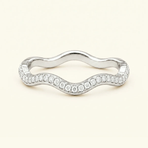 Thalassa wave wedding ring with diamonds in 18K white gold, half-eternity pavé set