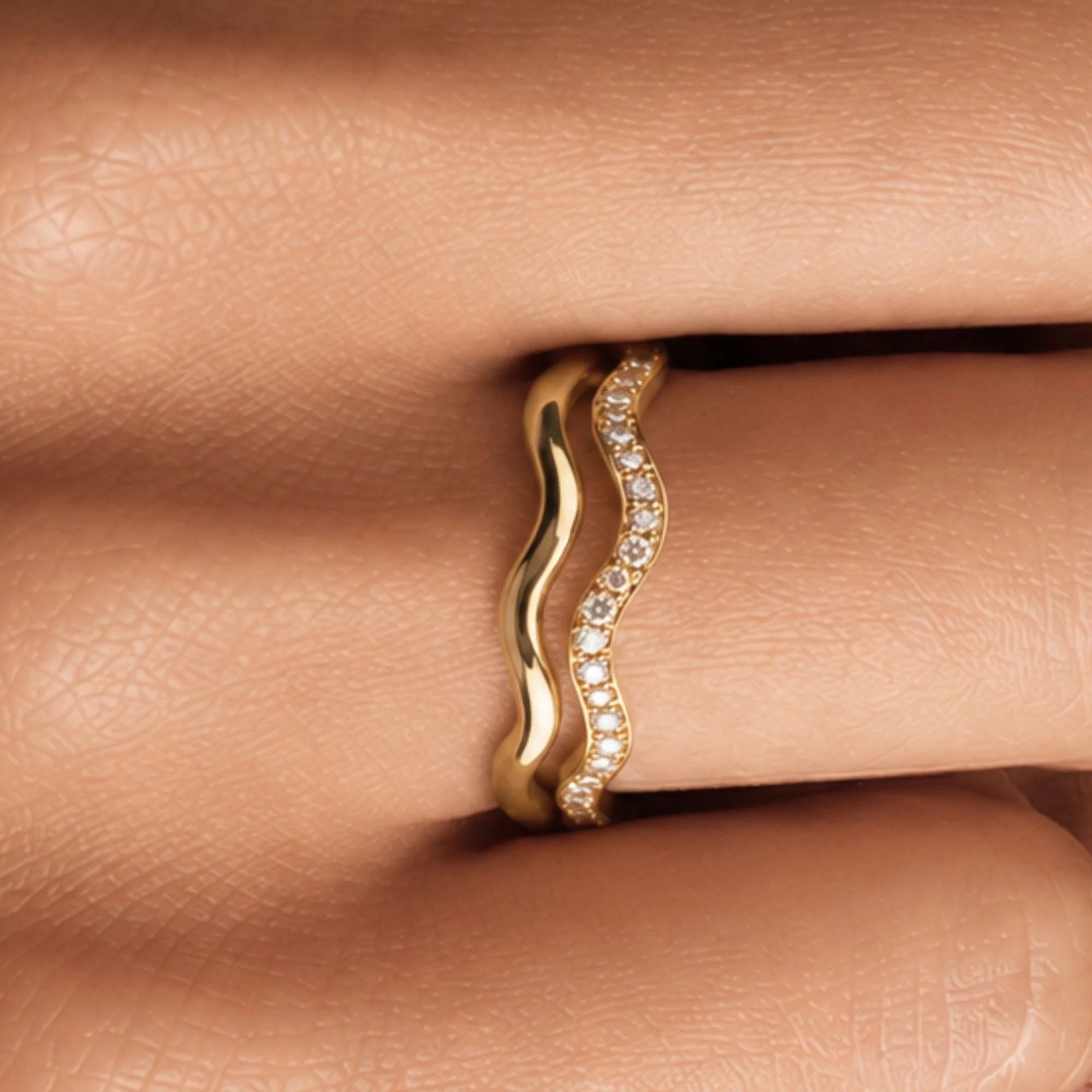 Thalassa wave wedding ring with diamonds worn as a duo, 18K yellow gold