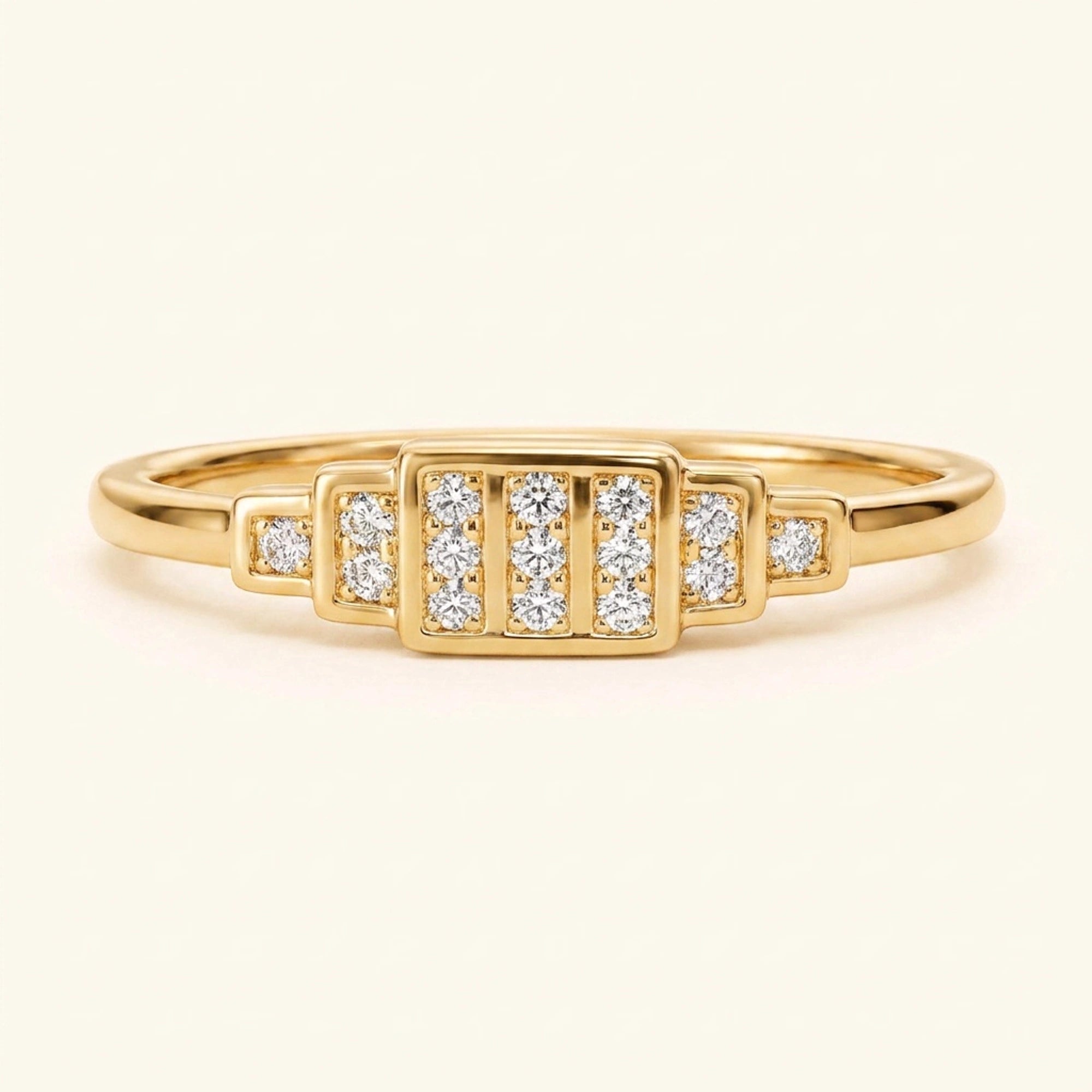 Bague alliance Brami XL géométrique art déco en or jaune sertie de diamants