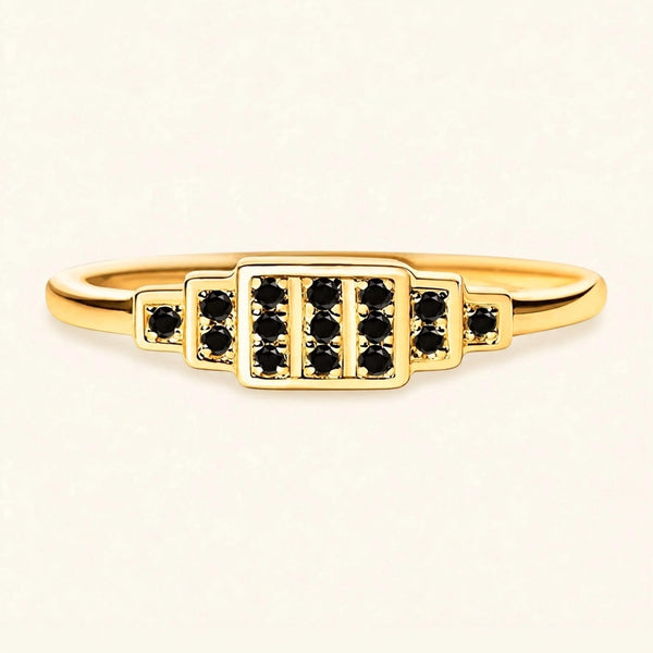 Bague alliance Brami XL géométrique art déco en or jaune sertie de diamants noirs
