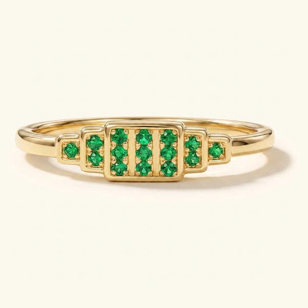 Bague alliance Brami XL géométrique art déco en or jaune sertie d'émeraudes