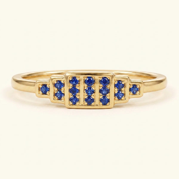 Bague alliance Brami XL géométrique art déco en or jaune sertie de saphirs