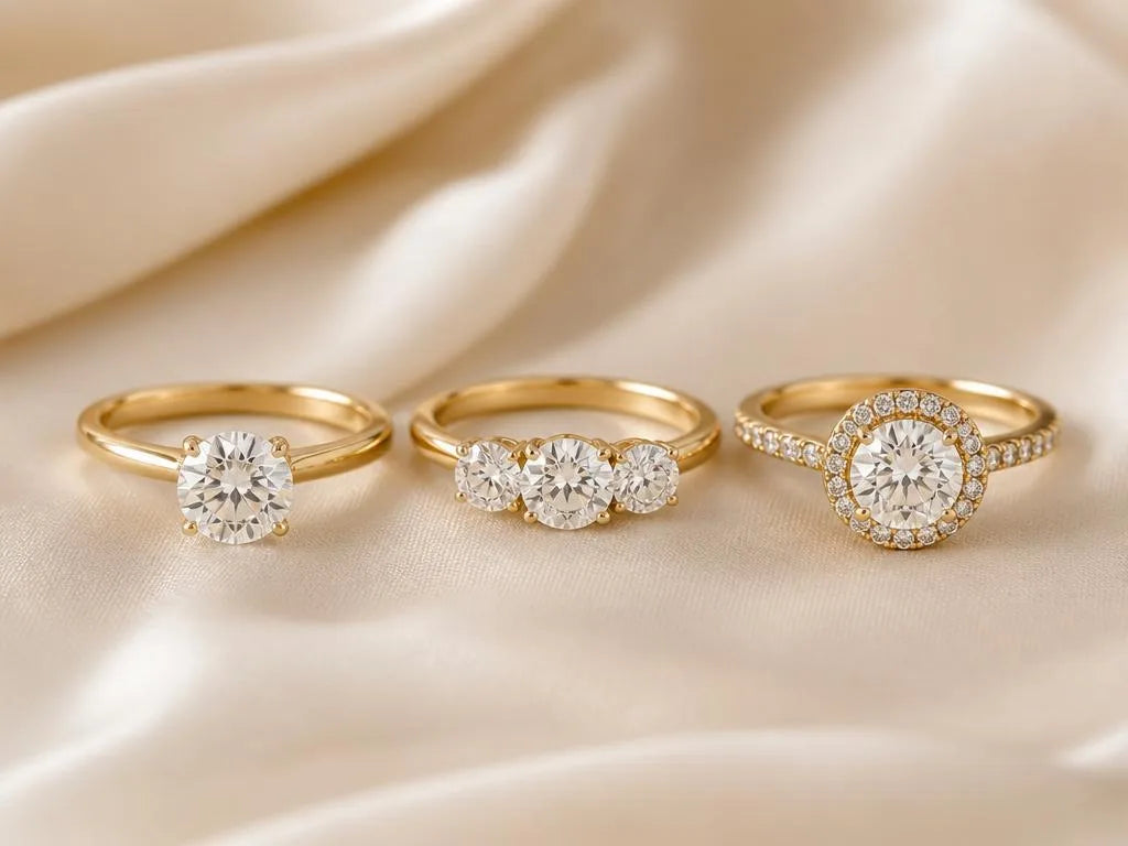 Trois styles de monture pour bague de fiançailles en or jaune 18 carats : solitaire, trilogie et halo de diamants