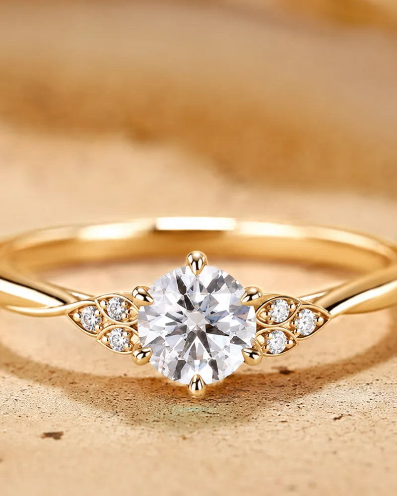 Bague de fiançailles Kalapi en or jaune 18 carats, solitaire diamant épaulé de petits diamants
