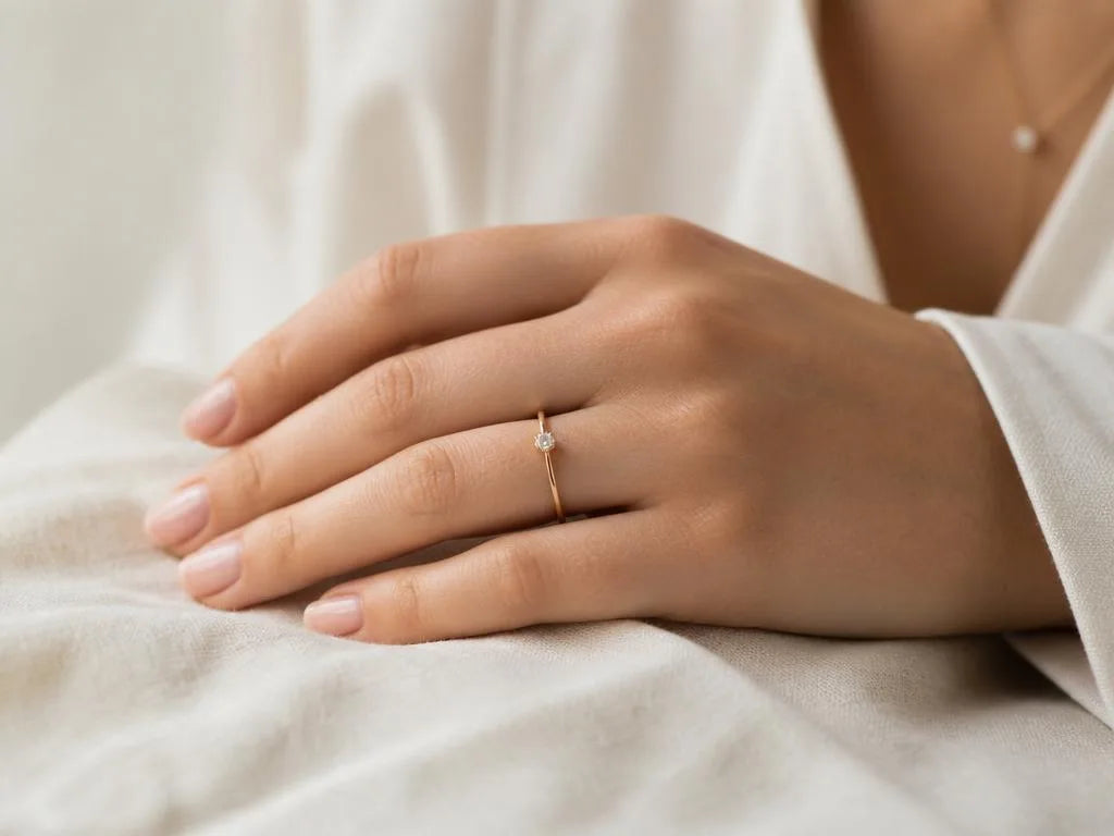 An elegant feminine hand wearing a fine 18K gold solitaire ring on natural linen fabric, minimalist style by Mayuri
