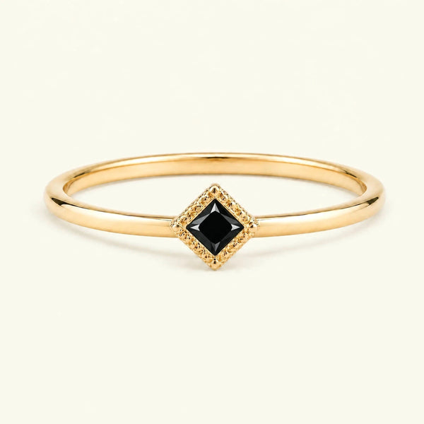 Indrani vintage engagement ring, 4mm princess black diamond solitaire twisted setting 18K yellow gold