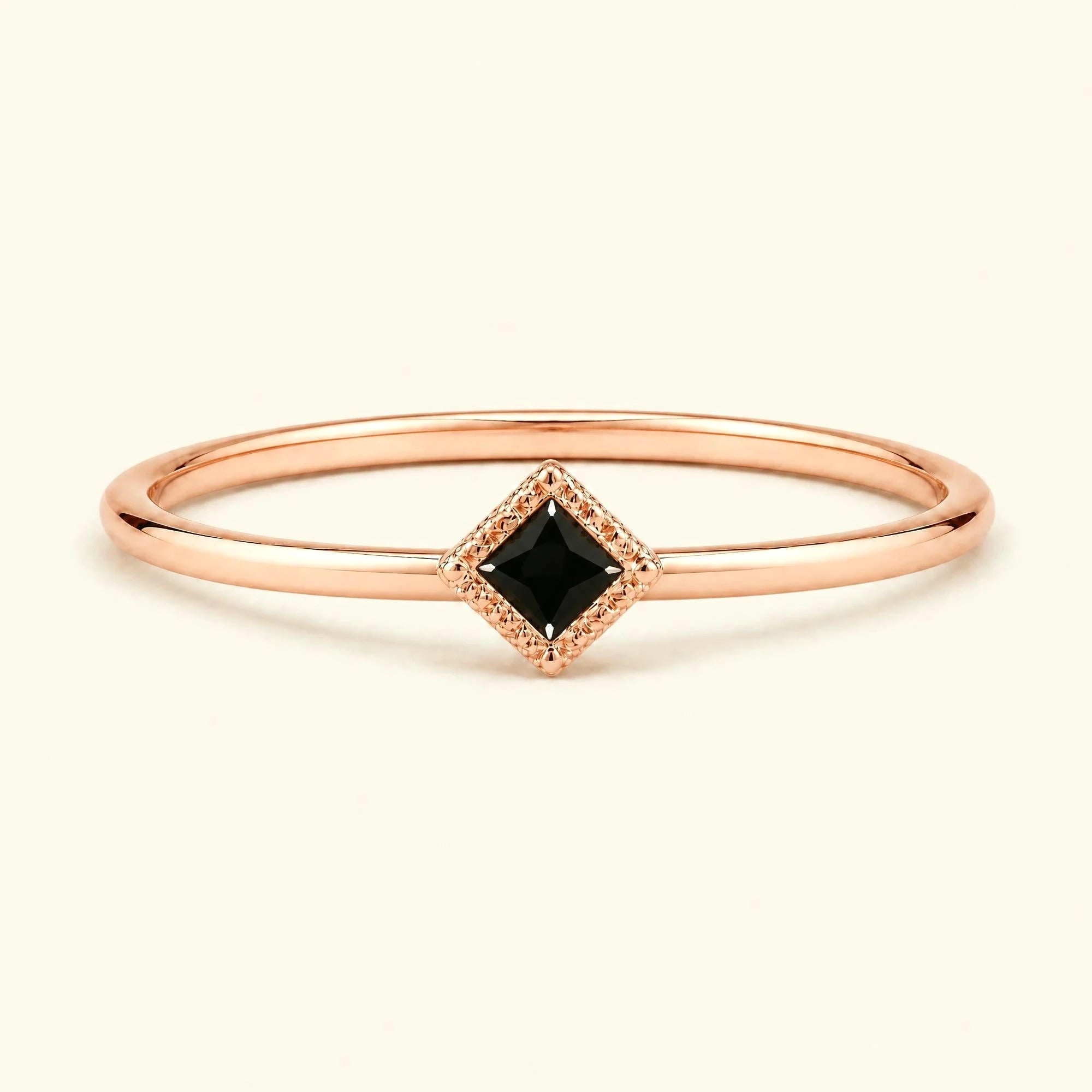 Indrani black diamond solitaire ring, princess square stone twisted setting 18K rose gold