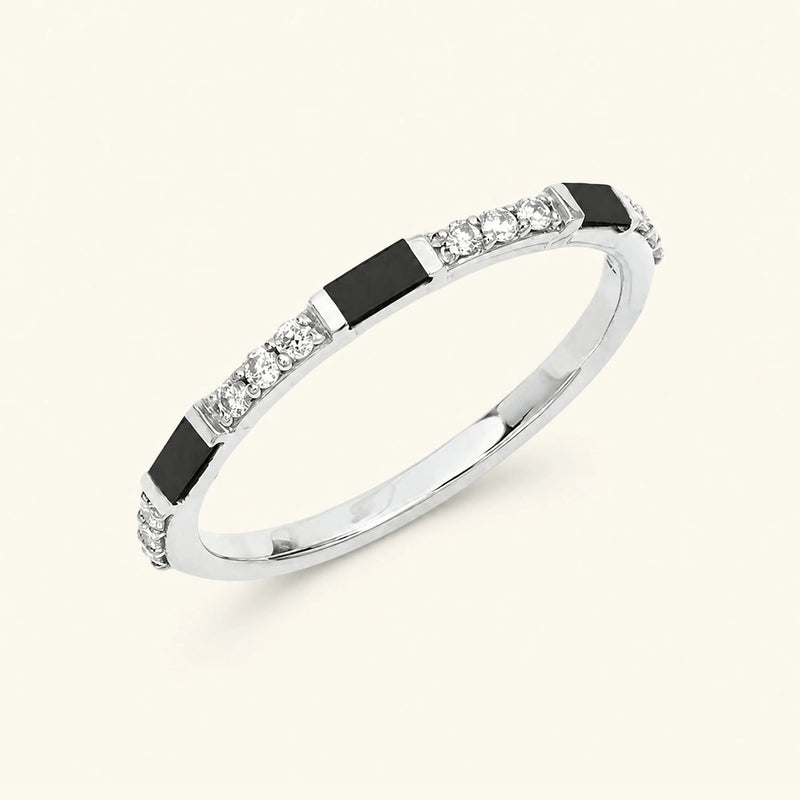 Semi eternity black and white diamond wedding ring in white gold