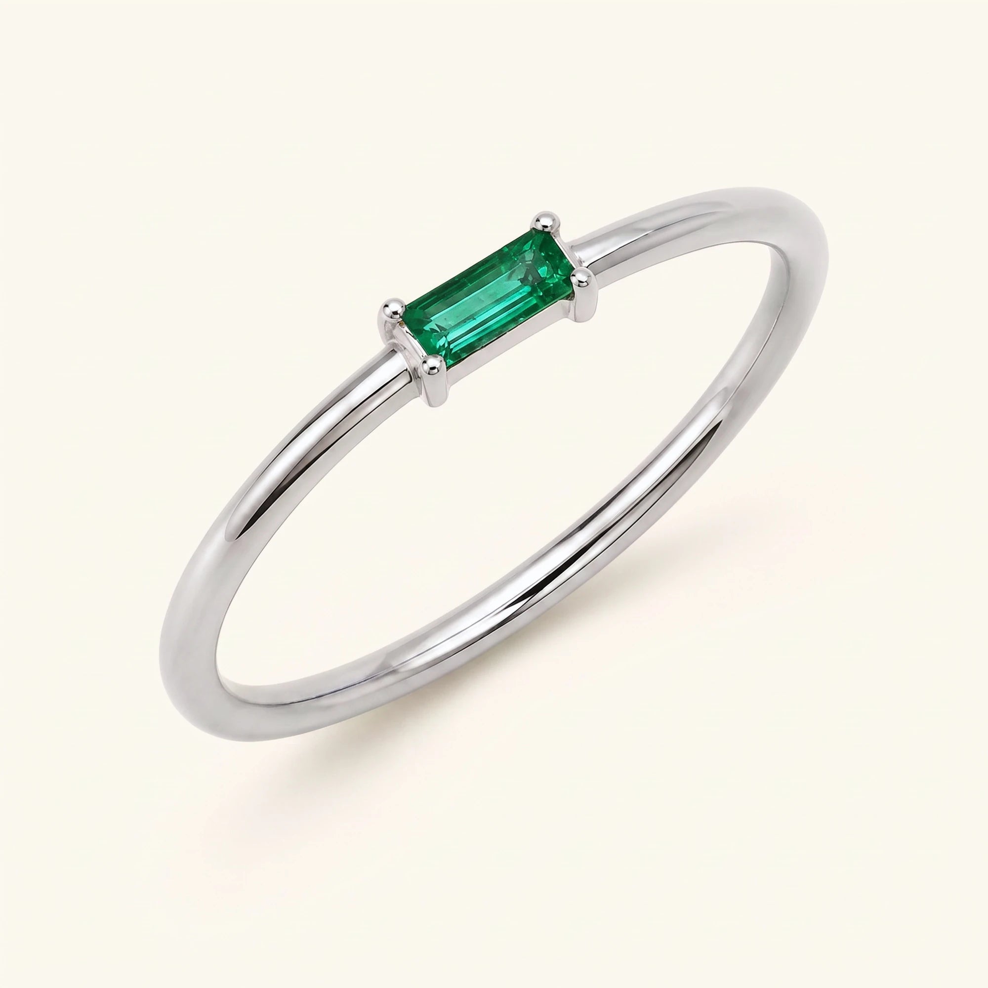 Shanti fine ring green emerald baguette cut set on vermeil silver band minimalist jewellery