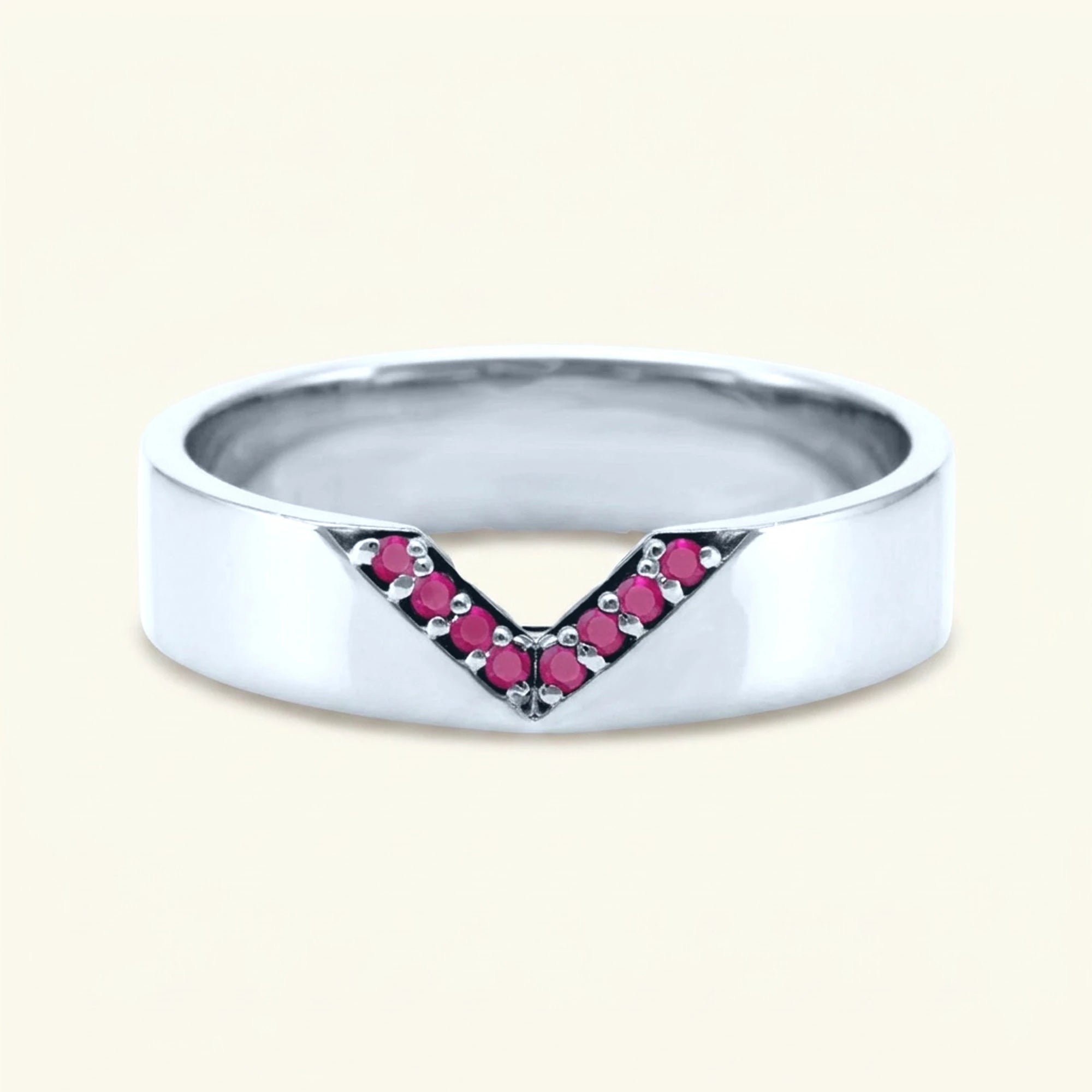V-shaped ring pavé set with rubies for men in white gold