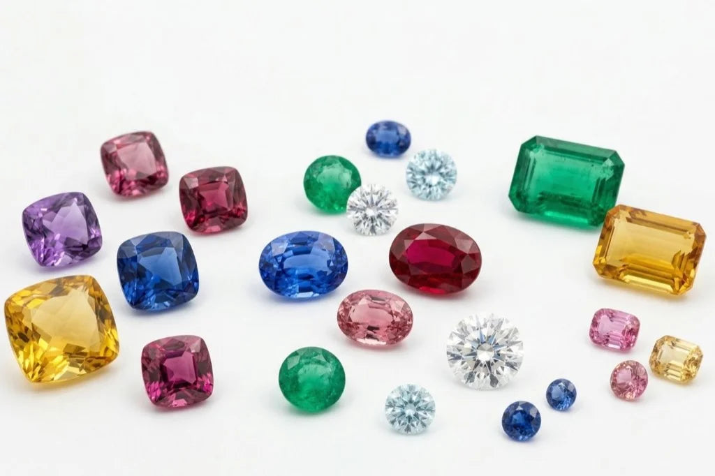 Coloured gemstones illustrating oval, cushion, round brilliant and Emerald cuts on a white background