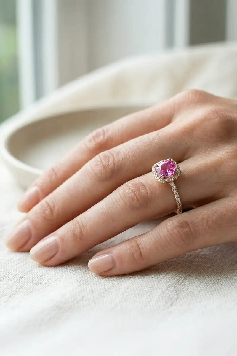Pink Sapphire and 18K yellow gold engagement ring, worn on the hand, close-up of the claw setting