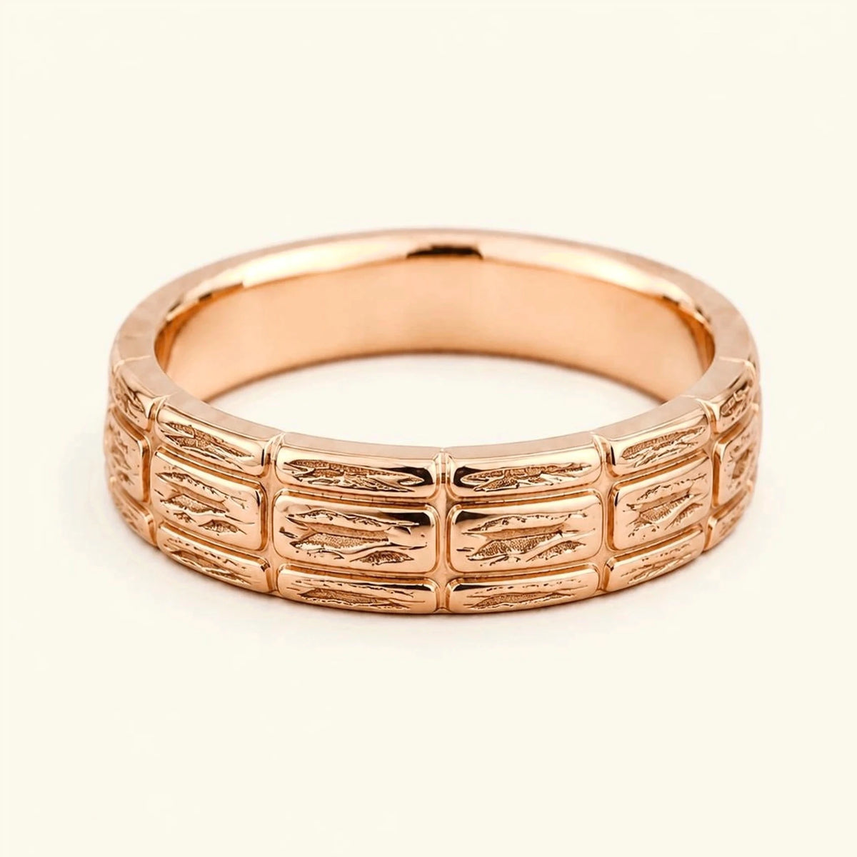 Men's wide Sobek ring in 18K rose gold, 6 mm band with three rows of crocodile scales