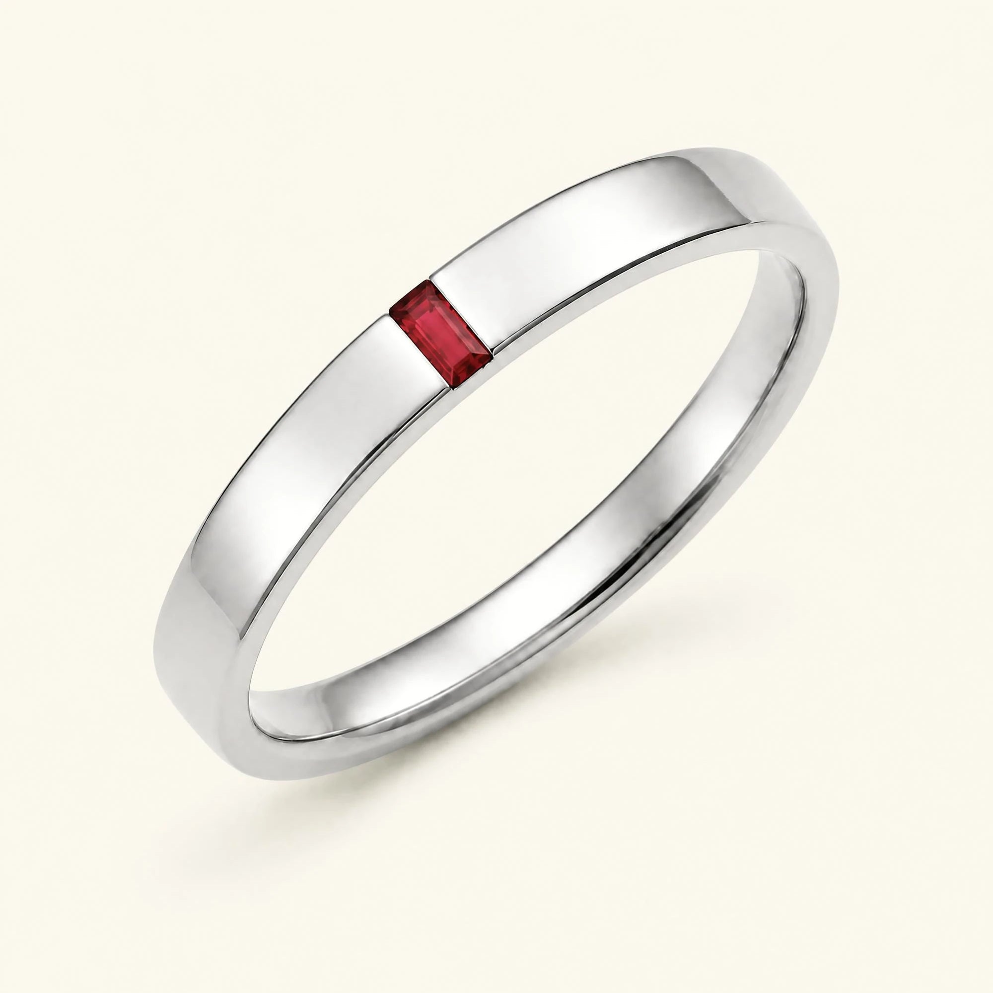 Bague solitaire baguette de rubis pour homme en or blanc