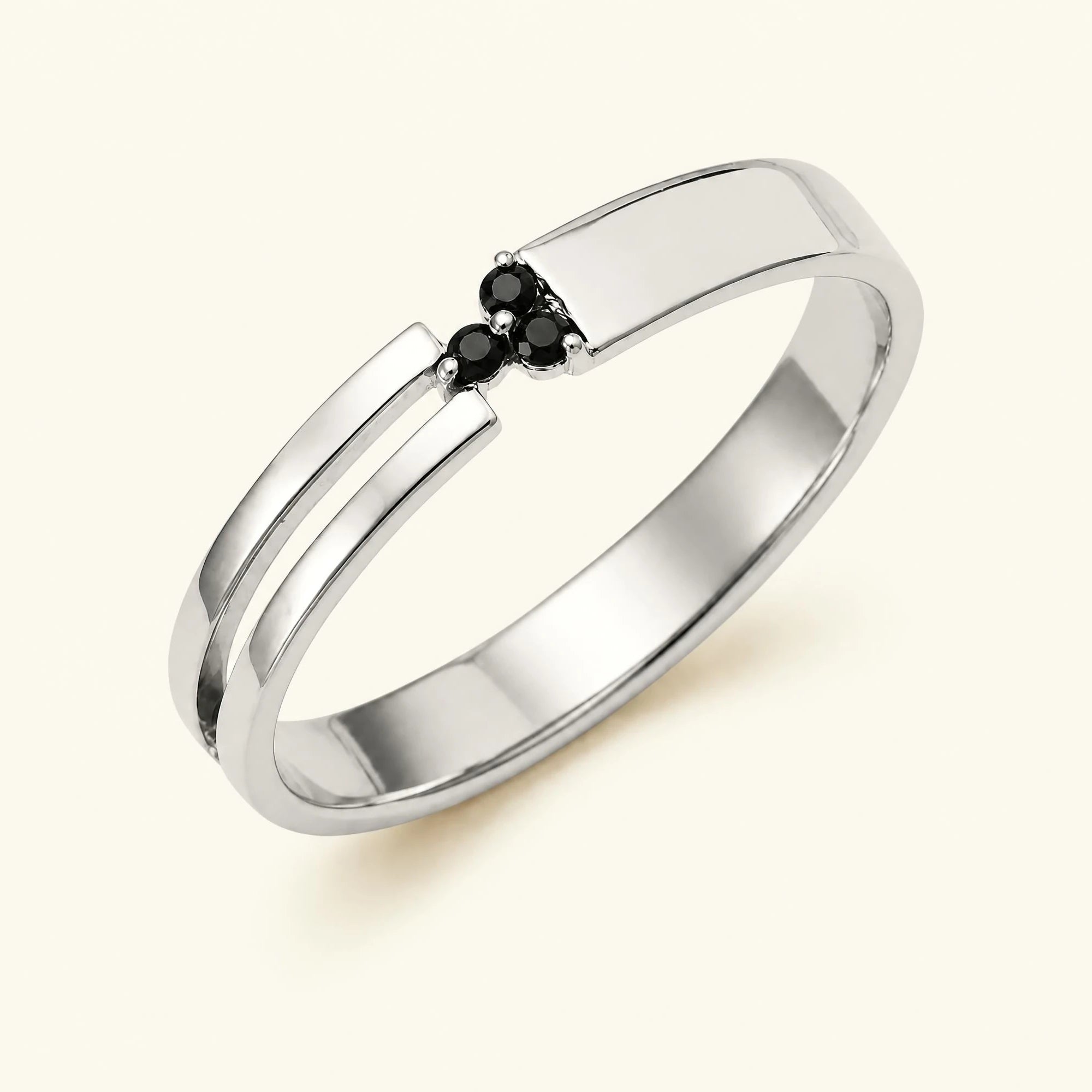 Three-stone black diamond ring men's white gold
