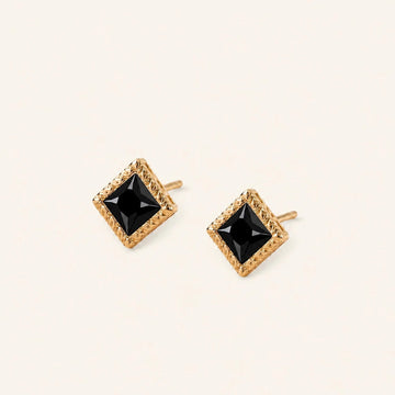 Indrani black diamond earrings, 4 mm princess-cut studs in twisted rope setting, 18K yellow gold