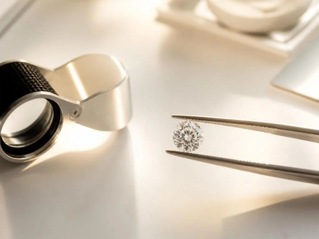 Diamant taillé brillant tenu par une pince de gemmologue avec loupe professionnelle 10x sur fond blanc