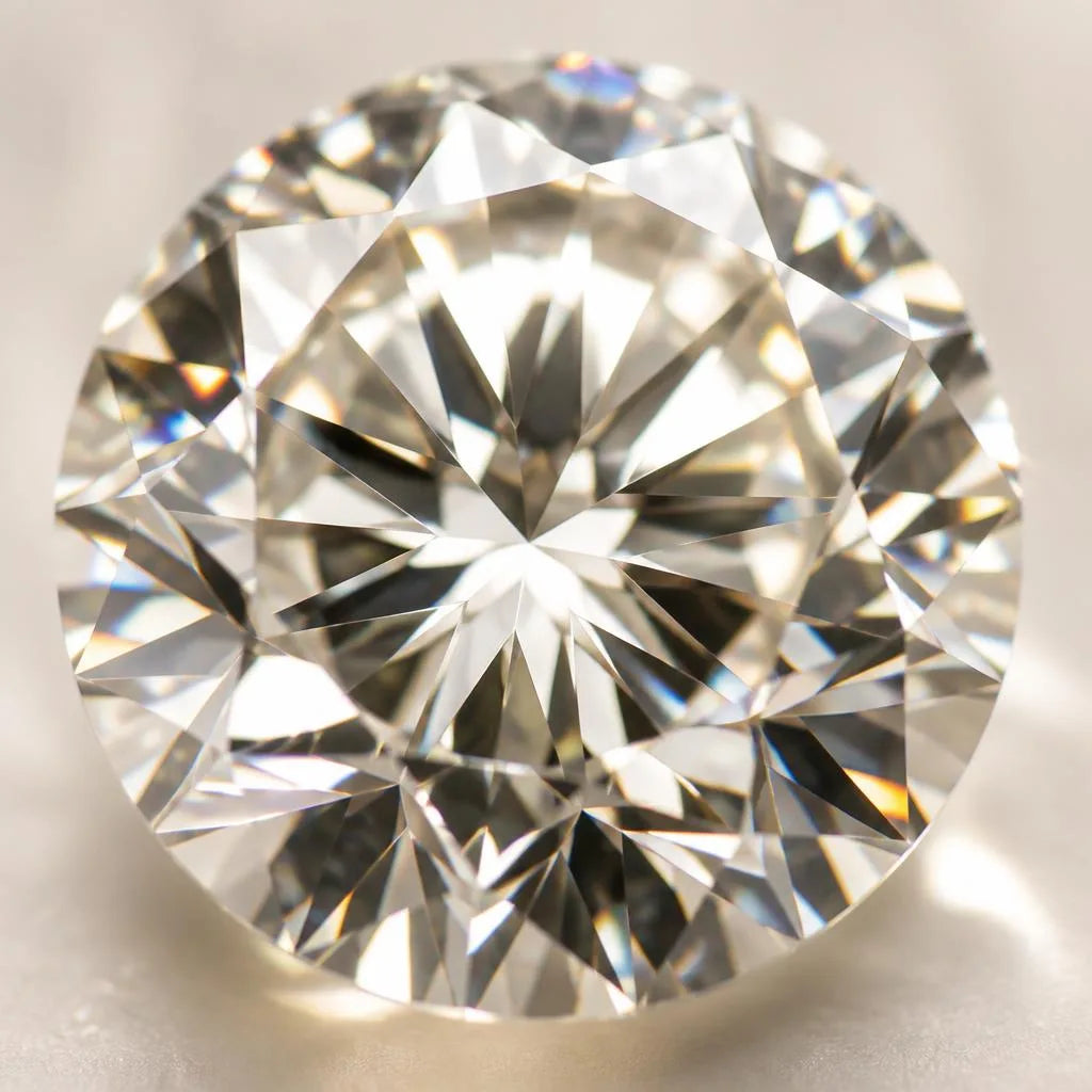 Macro gros plan diamant taillé brillant montrant les facettes précises et la dispersion de lumière sur fond beige