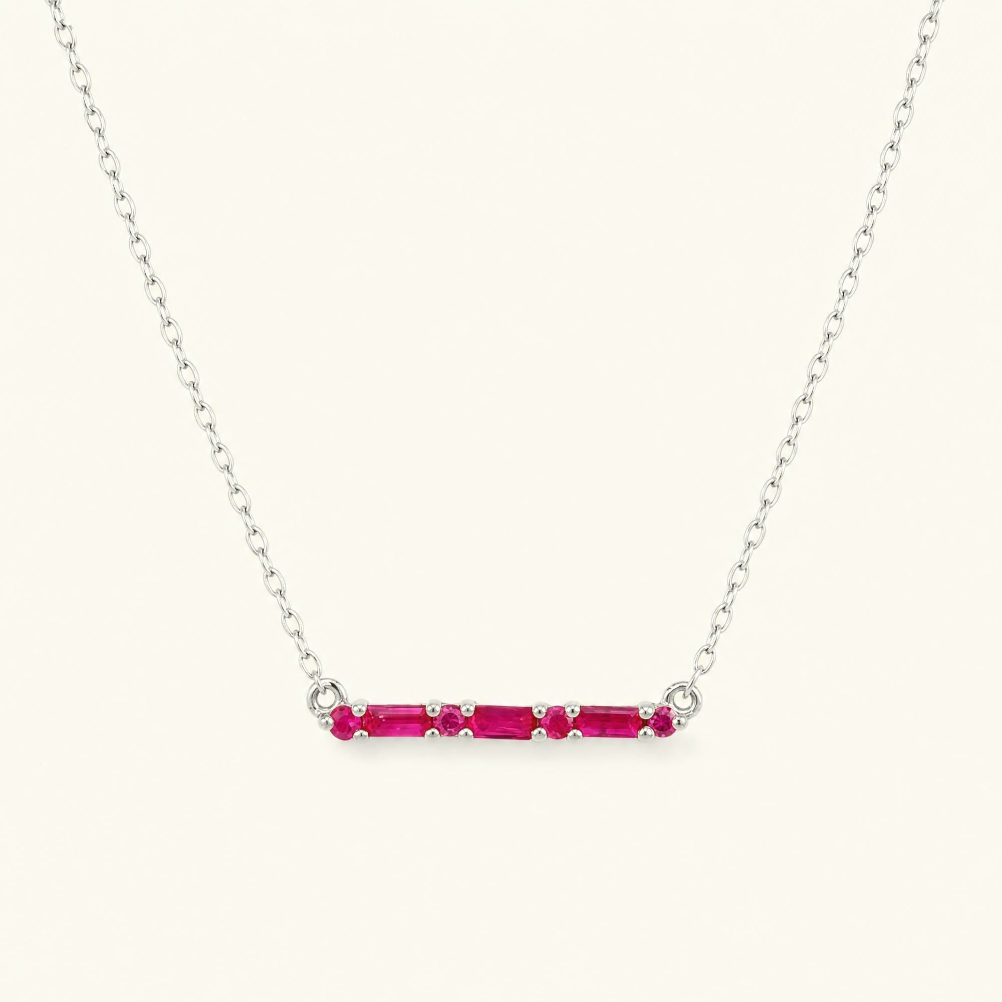 Bhagya horizontal geometric ruby baguette necklace in white gold