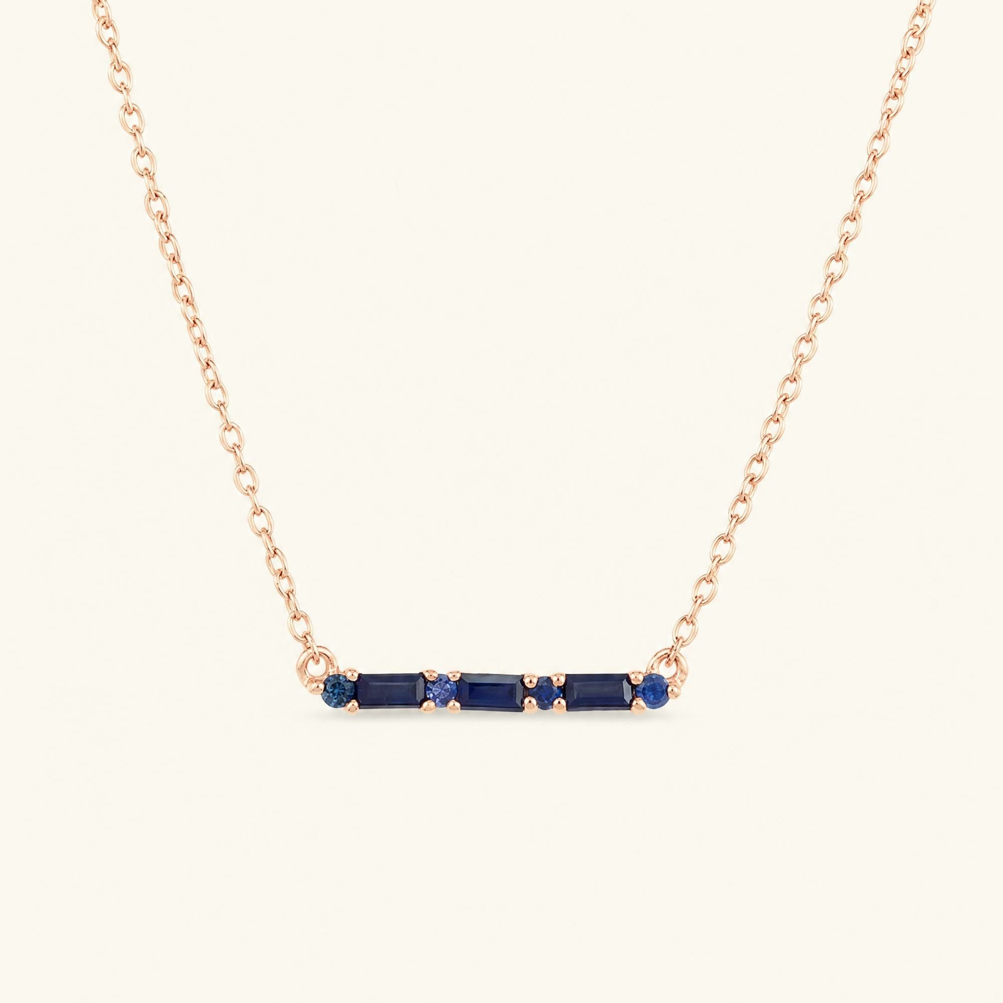 Bhagya horizontal geometric sapphire baguette necklace in rose gold