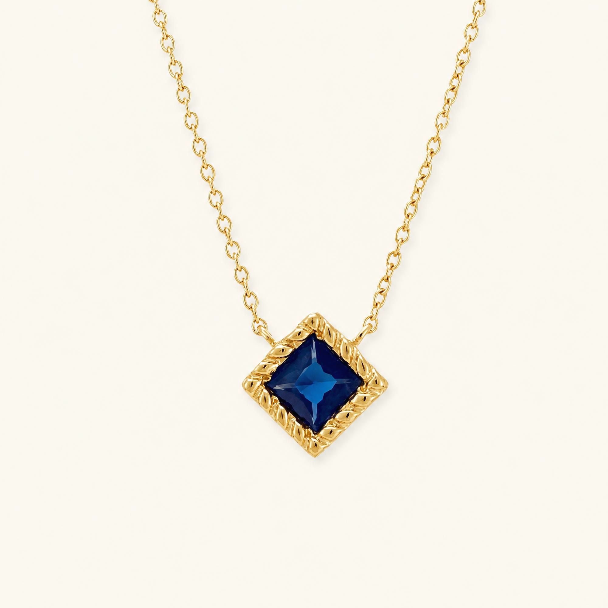 Indrani Princess cut Sapphire necklace in yellow gold