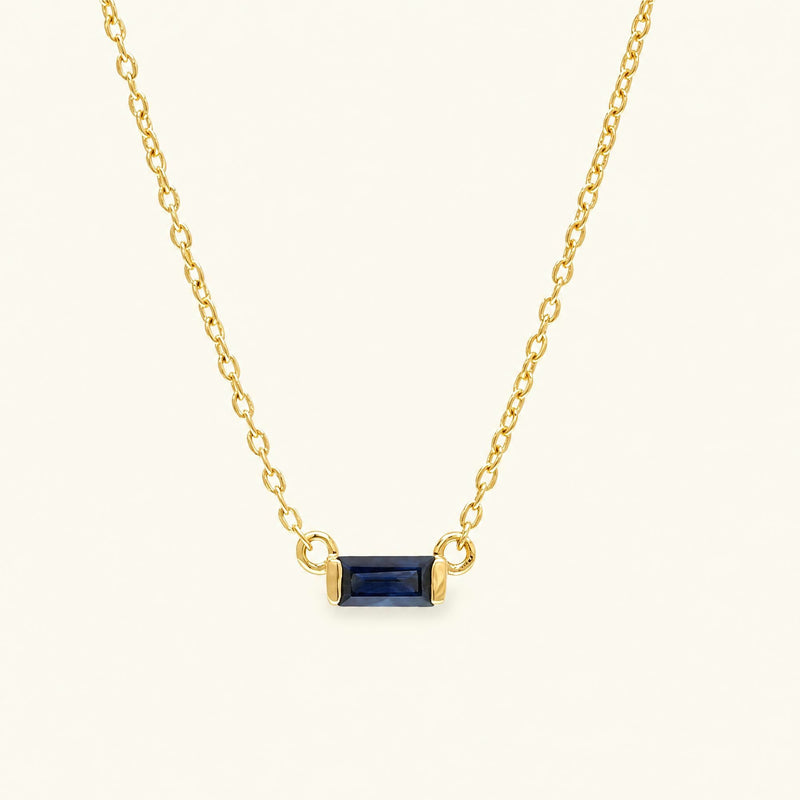 Shanti baguette cut sapphire necklace in yellow gold