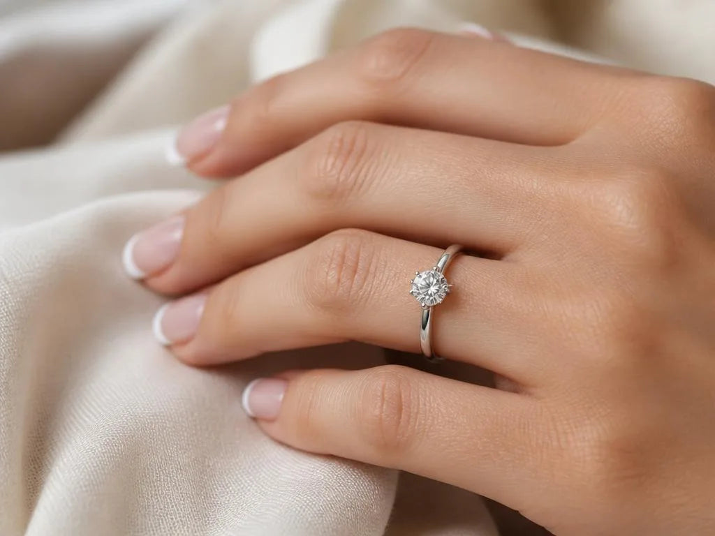 Bague solitaire diamant en or blanc portée sur main féminine montrant l'échelle du diamant sur l'annulaire