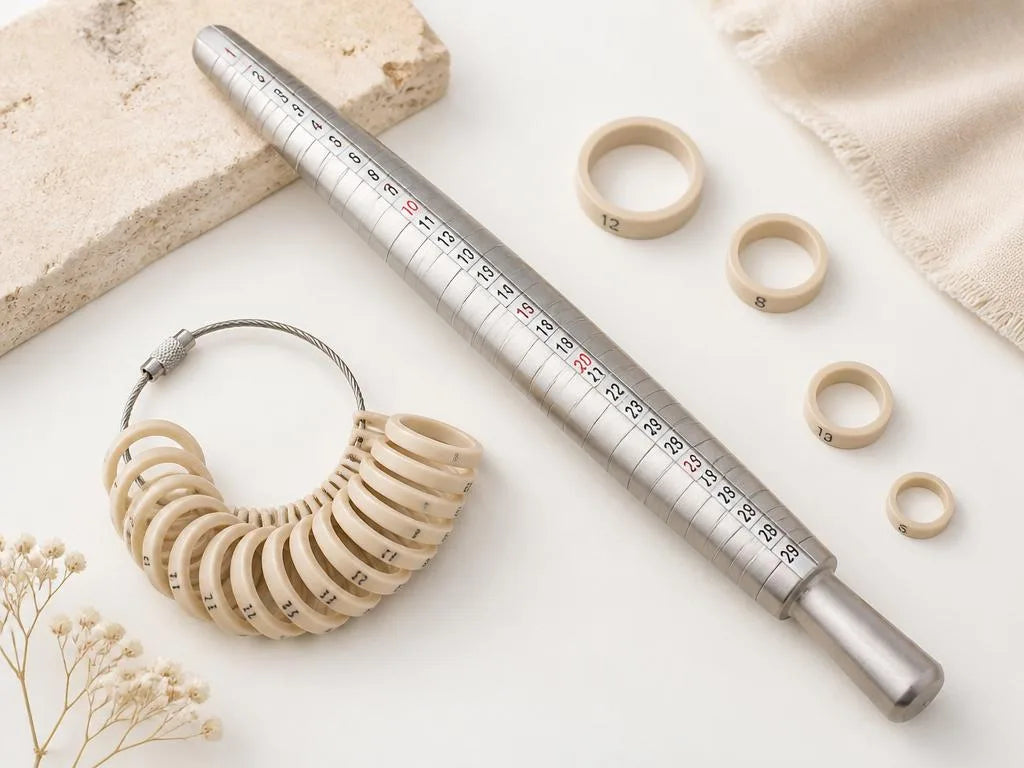Professional ring sizer with a numbered mandrel and sizing rings to determine your ring size