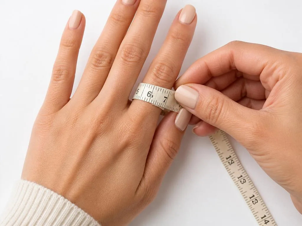 Measuring finger circumference with a fabric tape measure to determine ring size