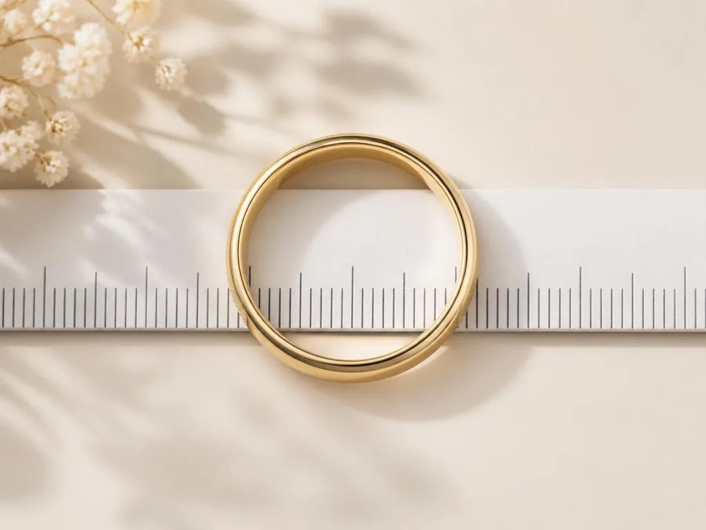 An 18K yellow gold wedding ring placed on a ruler to measure the inner diameter and determine ring size