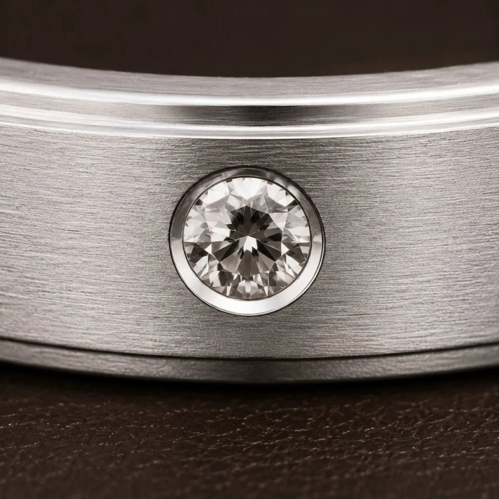 A close-set Diamond on a brushed platinum bangle, close-up on the characteristic matte texture of the metal