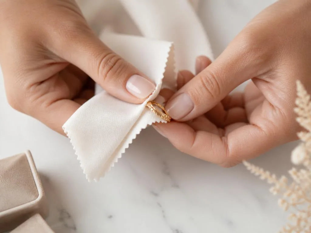 Hands gently cleaning a gold-plated ring with a soft microfibre cloth on a white marble surface