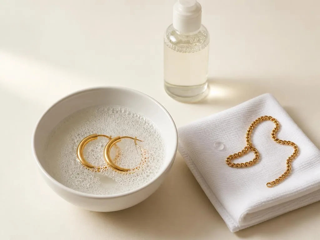 Gold-plated hoops soaking in a bowl of warm soapy water, with a chain resting on a microfibre cloth to dry