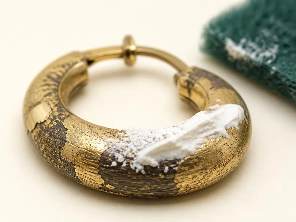 Close-up of a gold-plated hoop with flaking and scratched gilding, coated in toothpaste and baking soda, illustrating the abrasive products to avoid