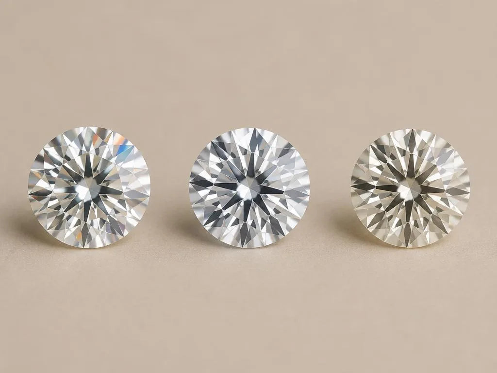 Comparaison visuelle de trois pierres brillantes : moissanite, zircon cubique et diamant naturel
