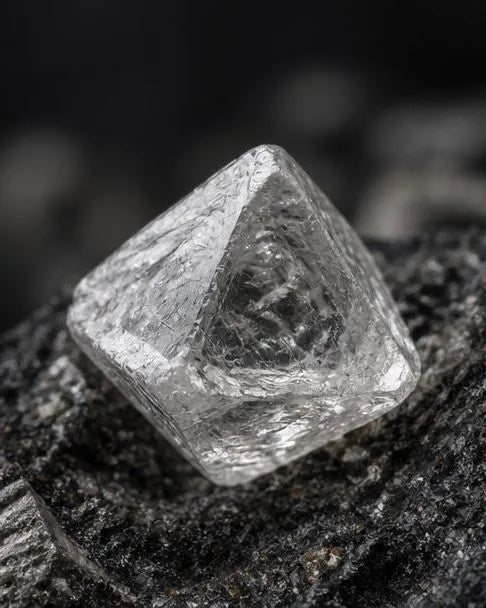 Cristal de diamant brut octaédrique translucide posé sur une roche de kimberlite sombre
